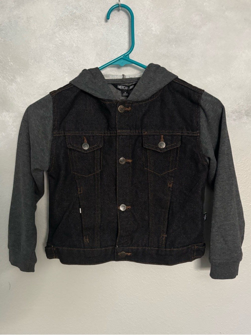 American Hawk Denim & Sweatshirt Jacket Black & Gray Boys Size 6 Casual Coat